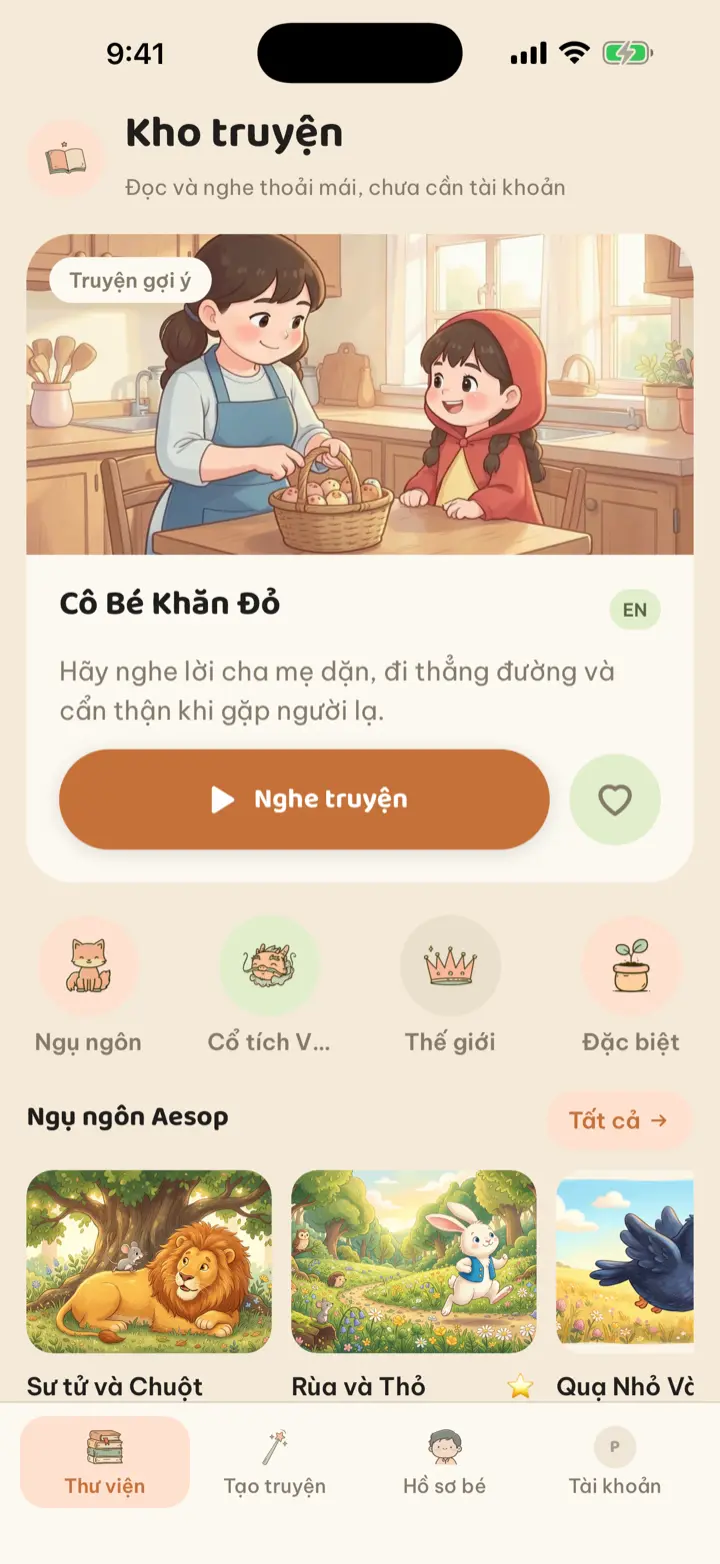Màn hình Thư viện — truyện có tranh, giọng đọc và gợi ý mỗi ngày