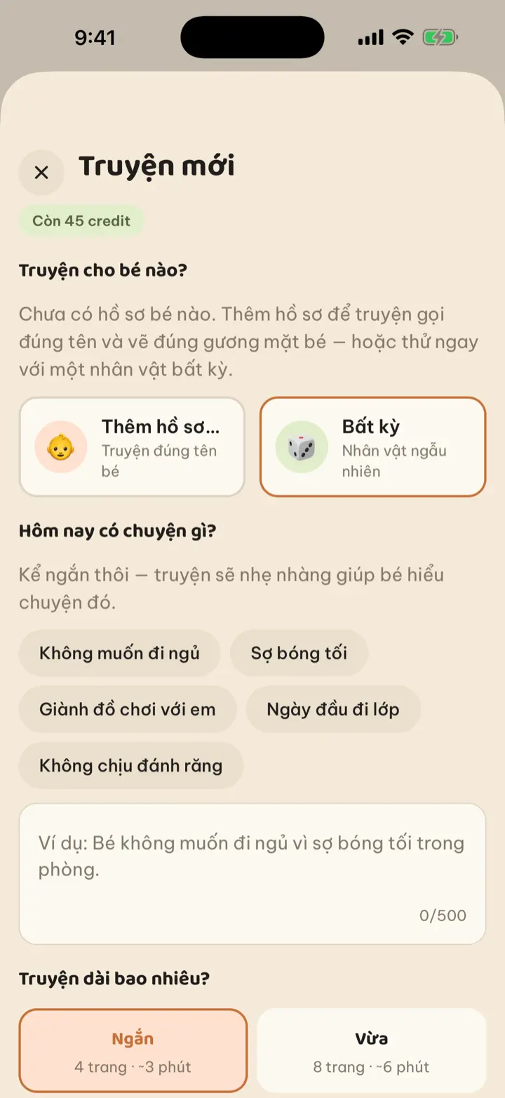Màn hình soạn truyện riêng — chọn tên bé, độ dài, thấy giá credit trước khi tạo