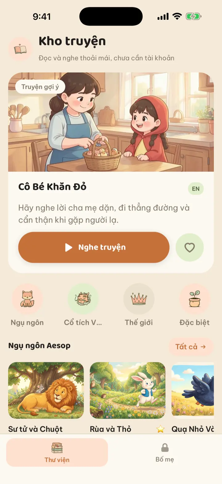 Chế độ cho bé — chỉ còn Thư viện, các màn hình khác khoá sau cổng người lớn